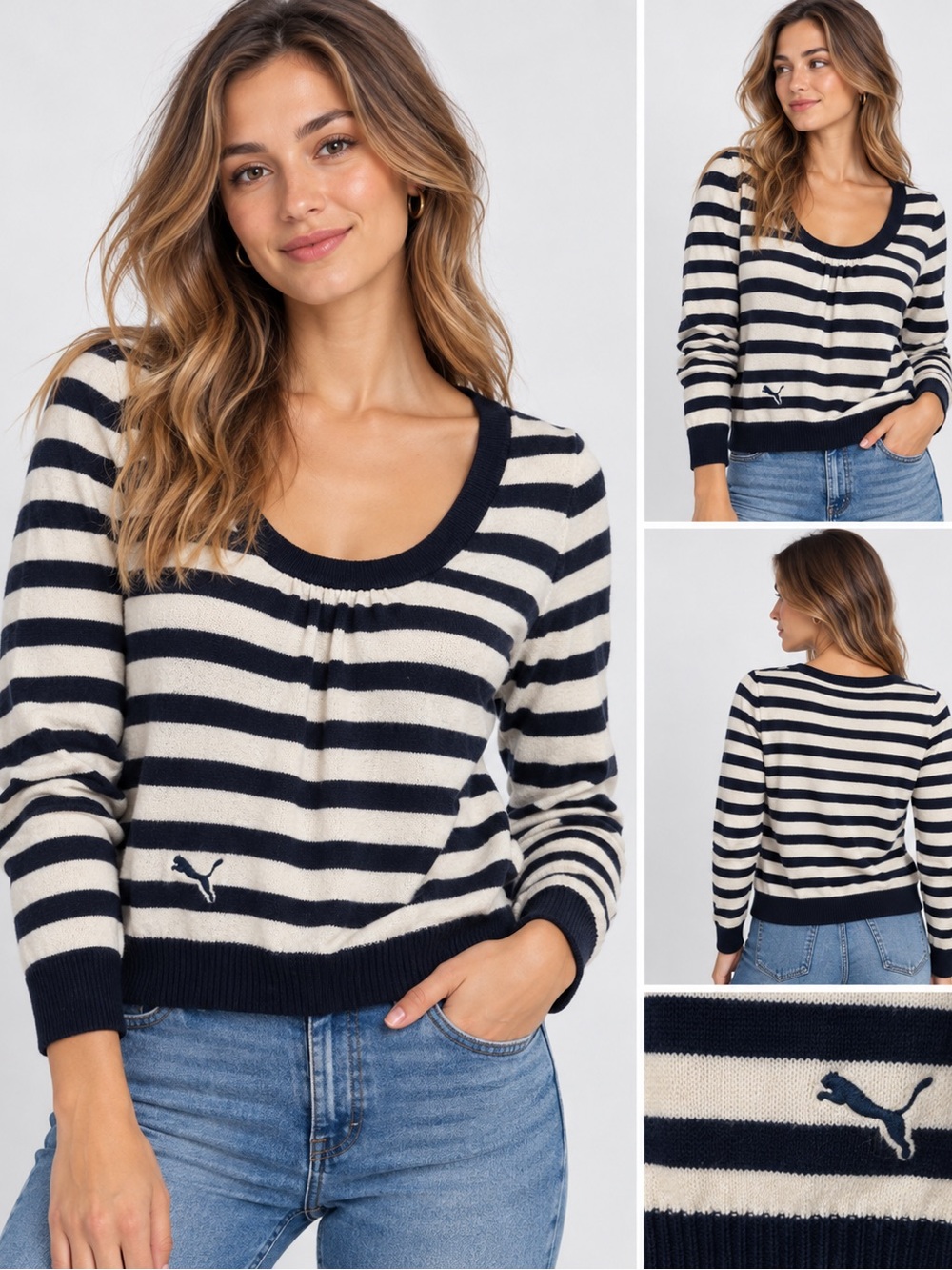 Puma Navy and Cream Striped Scoop-Neck Sweater